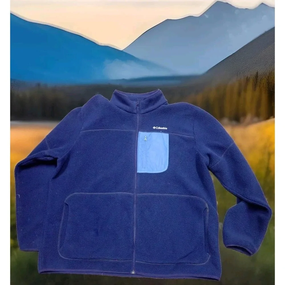 Columbia Fleece Jacket Mens‎ XXL Blue Excellent Full Zip Mock Neck Pocket